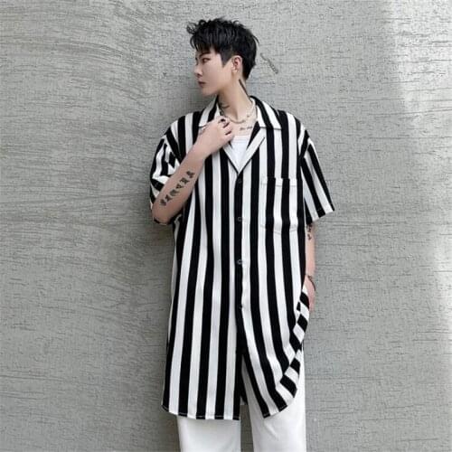 Striped Long Shirt Mens Summer Vintage Oversized Short Sleeve Shirts Harajuku Fashion Blouse Chemise Homme