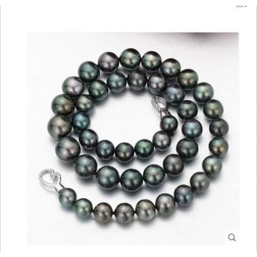 Stunning 10-11mm round black green pearl necklace 18inch 925s