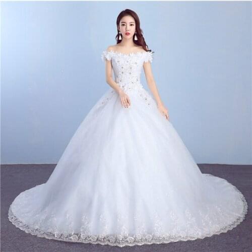 Plus Size Long Train Wedding Dresses Princess Lace Flowers Ball Gown Of The Shoulder Elegant Bride Dresses Luxury Wedding Gowns