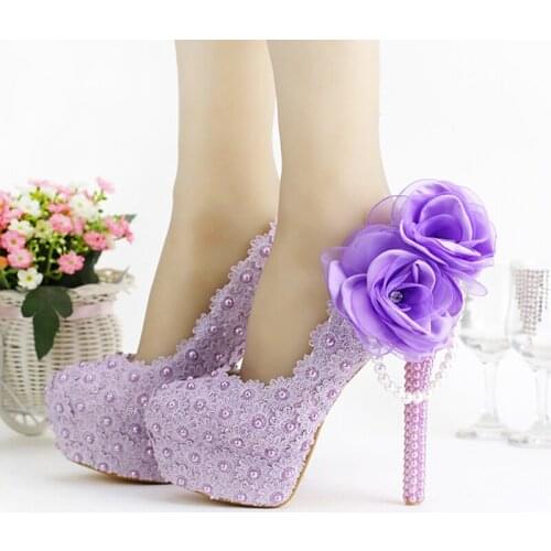 2018 Romantic Handmade Bridal Dress Shoes Purple Super High Heel Wedding Shoes Beautiful Lace with Appliques Bridesmaid Shoes