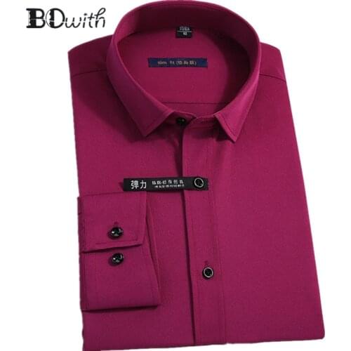 New Arrival Fuchsia eSolid Shirts for Men Long Sleeved Shirt Male Social Business Dress Work Men Business Shirts Formal 4XL