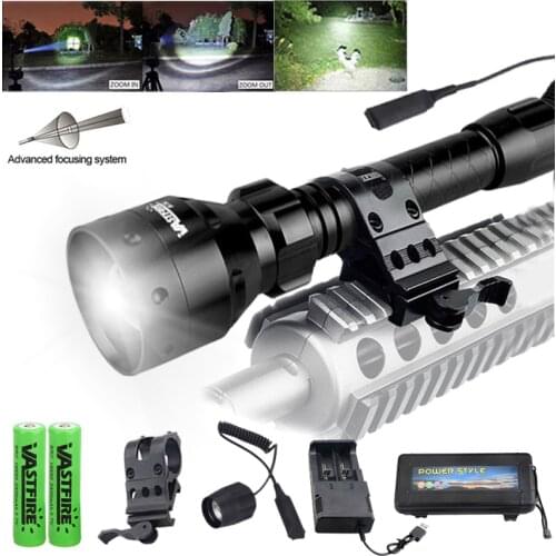 T50 White/Green/Red/IR850 Led Flashlight Tactical Zoomable Hunting Rifle Lantern+18650+Charger+Switch+Rfile Scope Mount+Gift Box