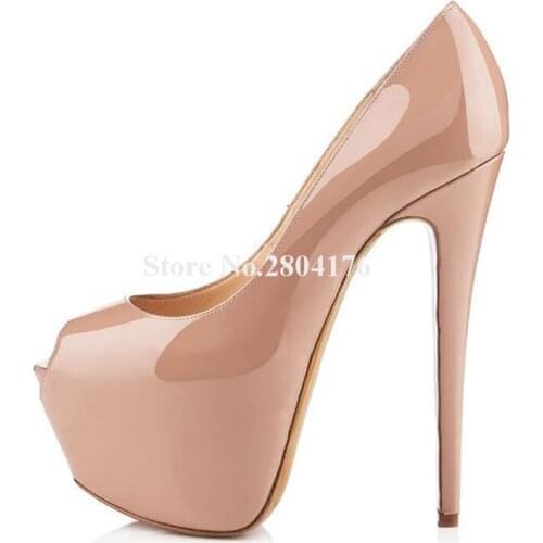 Brand Fashion Women Peep Toe Black Nude Patent Leather High Platform Pumps 15cm Super High Heels Evening Club Shoes