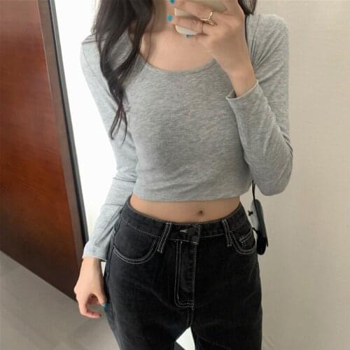 Spring Autumn sexy short T-Shirt crop top harajuku Solid Bottoming t Shirt Women Korean O-neck Long Sleeve T-shirts girls tops