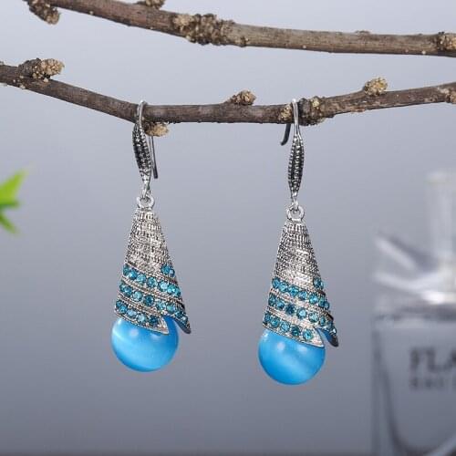 Vintage Exquisite Blue Zircon Inlaid Hook Earrings for Women Bohemian Ethnic Opal Stone Water Drop Earrings Party Jewelry
