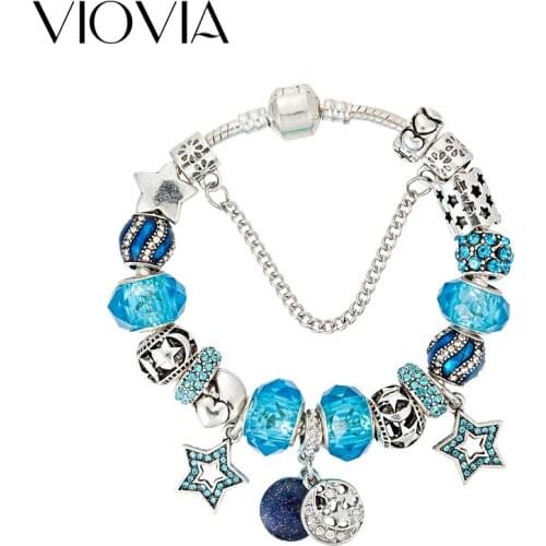 VIOVIA Fashion Rhinestone Star Charm Bracelets & Bangles Blue Glass Beads Bracelet for Women Original Bracelets Jewelry B17043