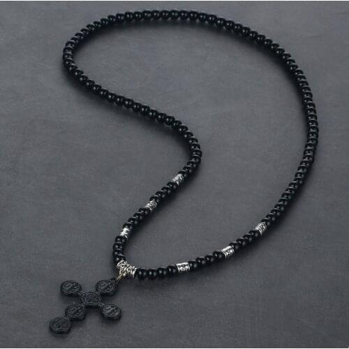 Womens Religious Jewelry Adjustable Leather Necklace Saint Benedict Medal Cross Pendant Stone Beads Chain Necklace for Men CN10