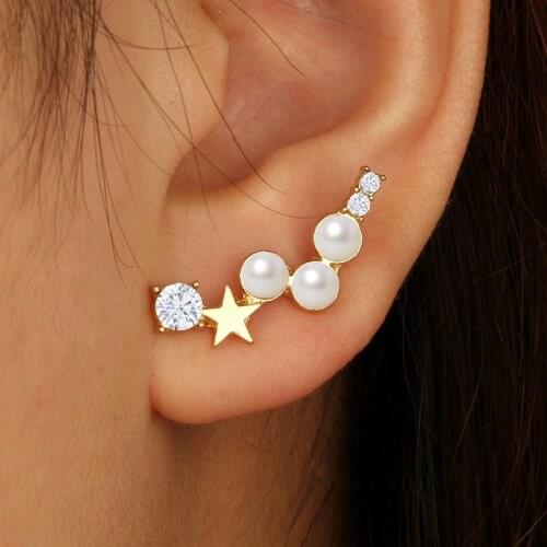 Wholesale Korean New Trendy Pearl Rhinestone Earrings Pentagram Stud Earrings For Women Fashion Jewelry 2021 Oorbellen Brincos