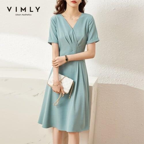 VIMLY New Summer Women Dresses Elegant V Neck Short Sleeve Ladies Sundress 2021 Female Vestidos Womens Dress Vintage F7506