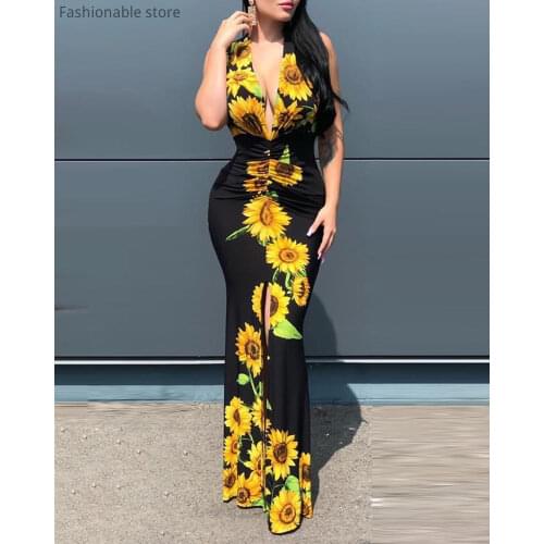 Women Sleeveless Plunge Bodycon Mermaid Dress Sexy Sunflower Print High Waist Deep V Slit Maxi Dress