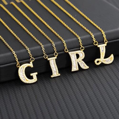 Gold Chain Initial Name Letter Necklace 26 Letters Charm Pendant Necklace For Women Shiny Rhinestone CZ Copper Jewelry Gifts