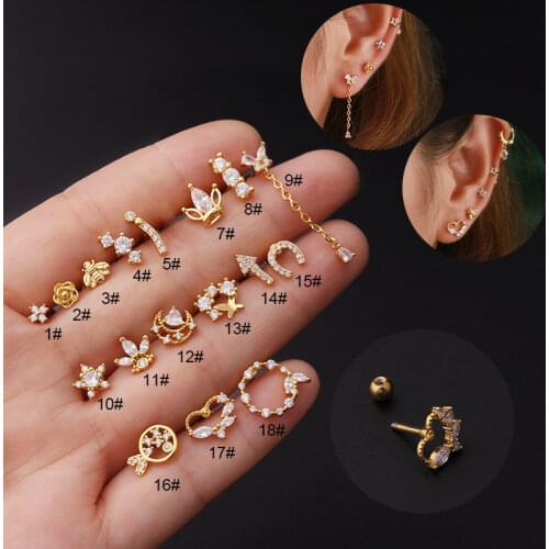 1Pc Stainless Steel Barbell Cz Cartilage Earring Women Fashion Flower Snake Helix Lobe Screw Stud Earring Piercing Jewelry