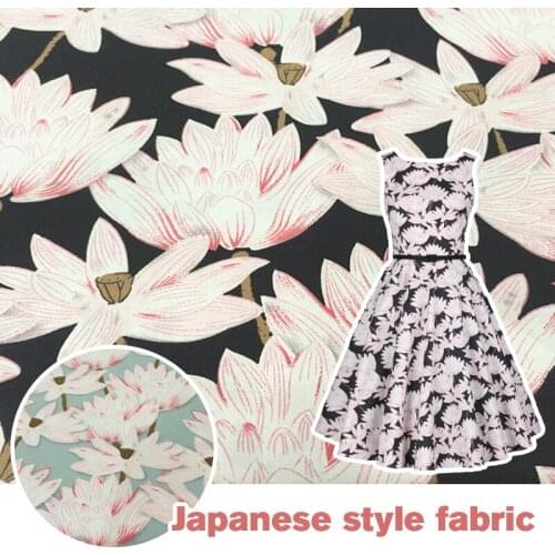 100*145cm Japanese Style Lotus Printing Fabric For Diy Sewing Patchwork Dress Cheongsam Handicraft Cotton Stretch Poplin Fabric