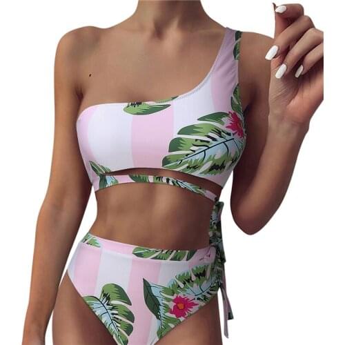 2021 Summer Women Swimsuit One Shoulder Bikini with High Waist Briefs Tropical Pattern Printing Adjustable Besch Wear