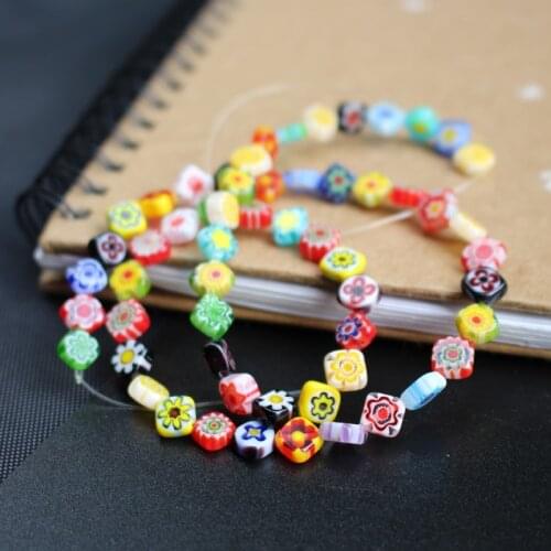 39cm 6 8 10mm Lampwork Glass Beads Flower beads Square Shape With opposite angles Hole Flat beads Mix colors for jewelry making