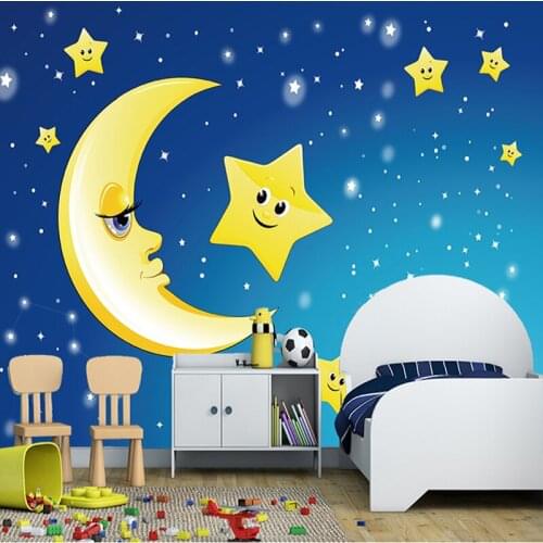 Dropship Custom 3D Bedroom Wall Paper Cute Cartoon Moon and The Stars Photo Wall Decorations Living Room Blue Wallpaper Murals