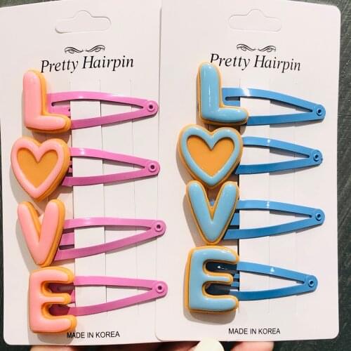 4Pcs/Set Pink Blue Letters Love Hairpins For Girls Headwear Sweet Hair Clips Barrettes Kids Fashion Hair Accessories