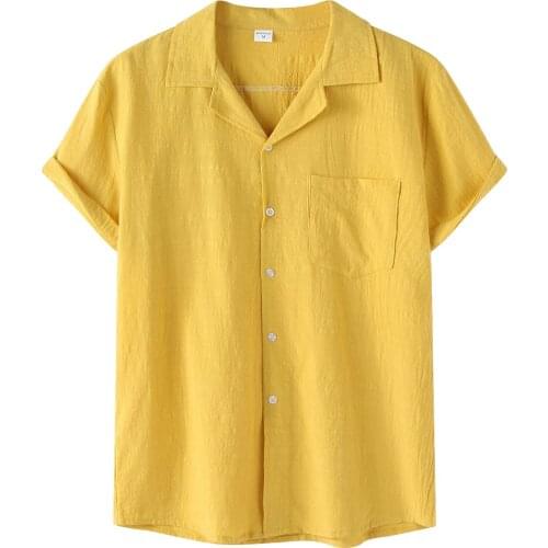 53# Mens Blouse Short Sleeve Baggy Buttons Summer Solid Comfortable Cotton And Linen Casual Loose Holiday Shirts Chemise Homme