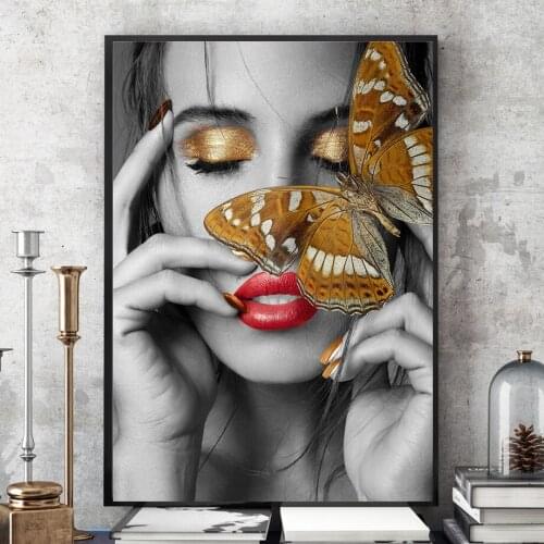 Abstract Golden Butterfly Girl Painting Nordic Wall Art Cuadros for Living Room Hand Drawn Characters Tableaux Big Poster Print