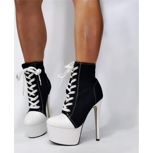 Girls Black Denim White Patchwork High Heel Ankle Boots Woman Fashion Round Toe Thin Heel Platform Lace Up Short Boots