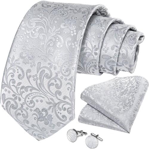 DiBanGu Men Tie White Silver Paisley Design Silk Wedding Tie For Men Hanky Cufflink Tie Set Fashion BussinessParty Dropshipping
