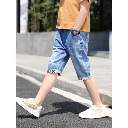 Boys Jean Shorts Children Denim Clothes 2021 Summer Boys Shorts Knee Length Pants Big Kids Casual Ripped Letter Printing Shorts