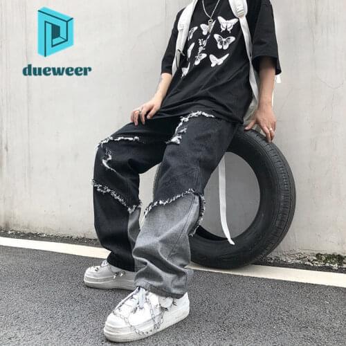 DUEWEER Mens Wide Leg Jeans Cargo Punk Gothic Harajuku Pants Men Tassel Baggy Plus Size Patchwork Jeans Black Casual Denim Pants