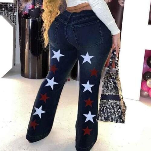 Star Print Bell Bottom Jeans Spring Women Fashion High Waist Stretch Skinny Denim Flare Pants Ladies Sexy Butt Lift Blue Jeans
