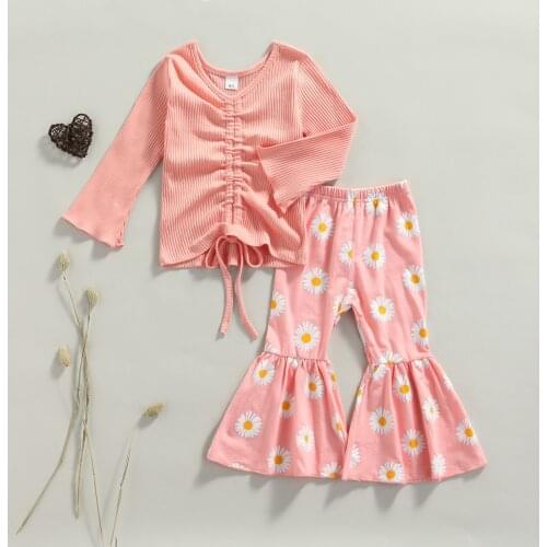 FOCUSNORM 1-5Y Kids Baby Girl Clothes Sets 2pcs Long Sleeve T-shirt Tops Daisy Flower Flared Pant Trousers