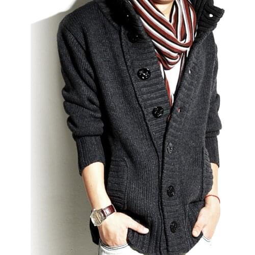 Cardigan Men Autumn Stand Collar Buttons up Pockets Knitted Sweater Thickened Warm Coat