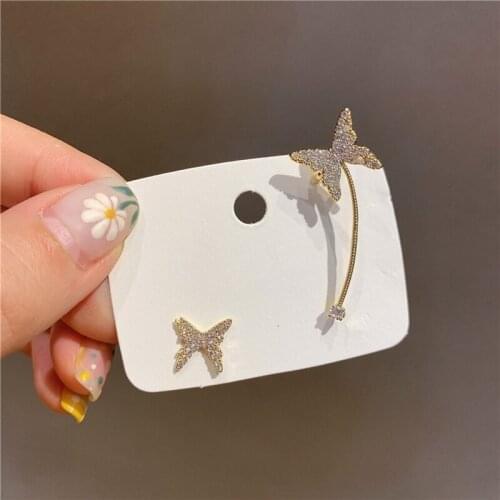 Korean New Design Fashion Jewelry Exquisite Copper Inlay Zircon Full Crystal Butterfly Asymmetric Female Earrings