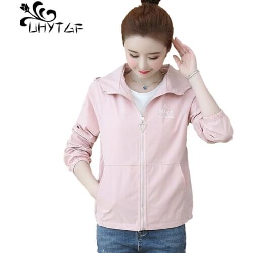 UHYTGF Fashion Womens Spring Summer Jacket Solid Wild Hooded Casual Short Coat Elegant Student Loose Plus Size Outerwear 2055