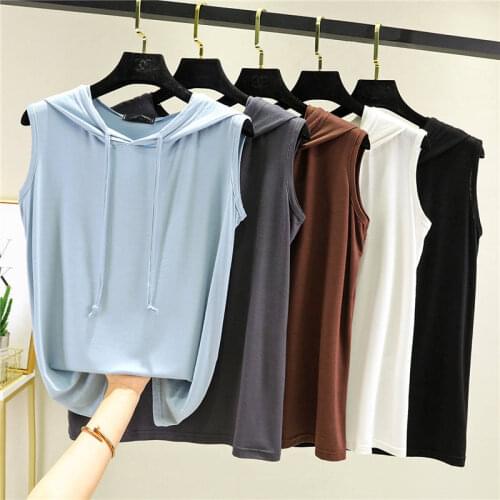 Casual Sleeveless Hooded Tank Tops Women Soft Loose Large Size Summer Vest Women Harajuku Solid Color Thin Ladies Tops C7486