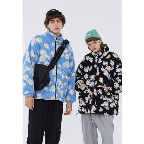 Fashion Harajuku Winter Cotton Padded Thick Parkas Jackets Unisex Streetwear Hip Hop Daisy Print Fleece Warm Full Zip Coats Mens