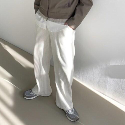 Mens Solid Color Vertical Pattern Loose Flared Pants 2021 New European American Trend Drape Straight Casual High Waist Trousers