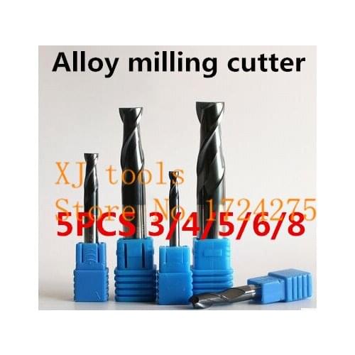New 5pcs/set 2F-3/4/5/6/8mm Two Flutes Solid Carbide End Mill ALTiN Coat, CNC Milling Cutter Bits for Metal Cutting
