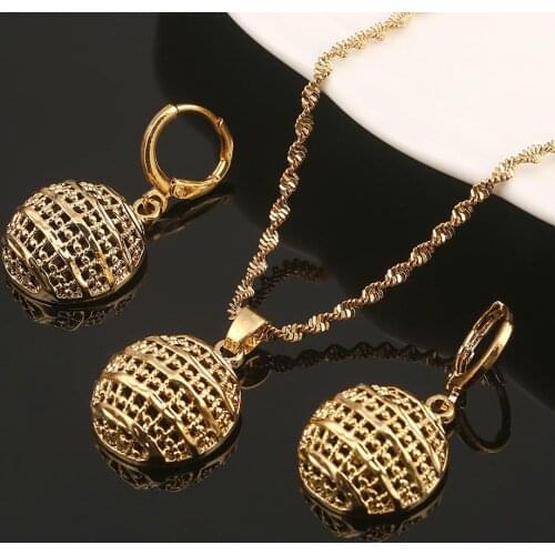 Gold Color Trendy Pendant Necklace Earrings African Round Beads Jewelry Set