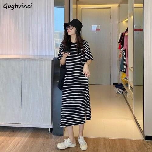 Women Short Sleeve Dress Striped Straight Slim Loose Wide Waist All-match 3XL Side-slit Daily Casual Korean Fashion Office Lady