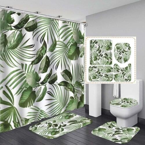 Nordic Plant Bathroom Set With Shower Curtains Green Leaves Print Shower Curtain Waterproof Polyester Bath Screen Wiith 12 Hooks
