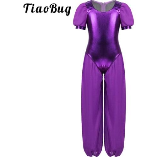 TiaoBug Girls Puff Sleeves Metallic Chiffon Splice Ballet Gymnastics Leotard Kids Sports Jumpsuit Princess Lyrical Dance Costume