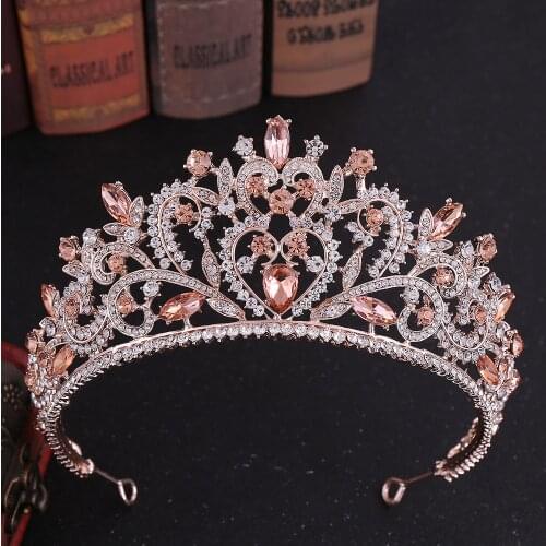 Baroque Vintage Rose Gold Pink Heart Crystal Bridal Tiaras Crowns Pageant Rhinestone Diadem Veil Tiara Wedding Hair Accessories