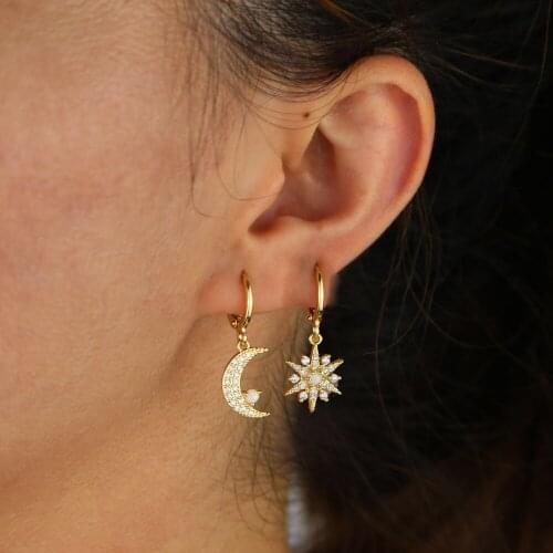 European Cute Star Moon Dangle Hoop Earring with White Cz Opal Stone Paved Silver Color Earring for Wedding Jewelry Dropshipping