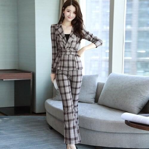 Spring and Autumn season lattice women simple fashion new Korean Slim waist OL office clothing Two pieces / sets AL813