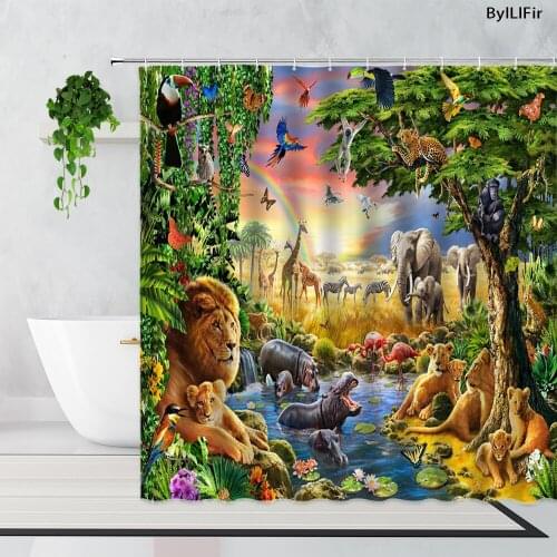 3D Wild Animal Printed Shower Curtains Lion Toucan Elephant Childrens Bedroom Bathroom Decorative Curtain Waterproof Bath Screen