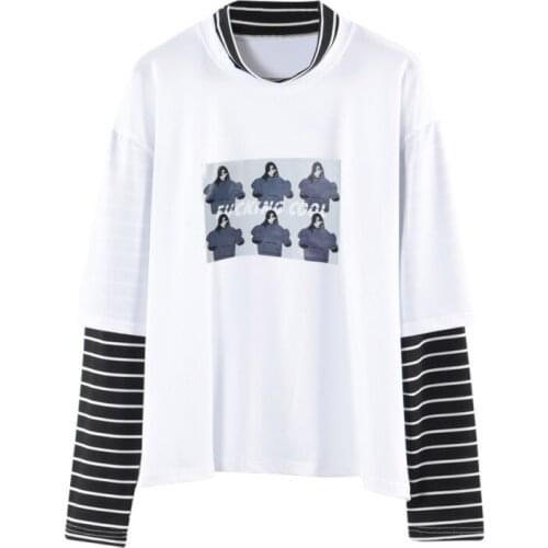 Fanco Spring Autumn Women T Shirt Character Letter Print Stripe Patchwork Casual Loose Long Sleeve T Shirt Tee Top