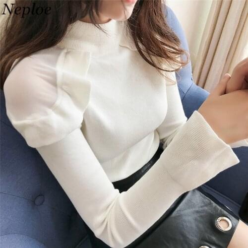 Neploe Solid Ruffles Mesh Patchwork Women Sweater Knitted Female Sweet Pullover 2021 Autumn Winter Fashion Sueter Mujer 69016