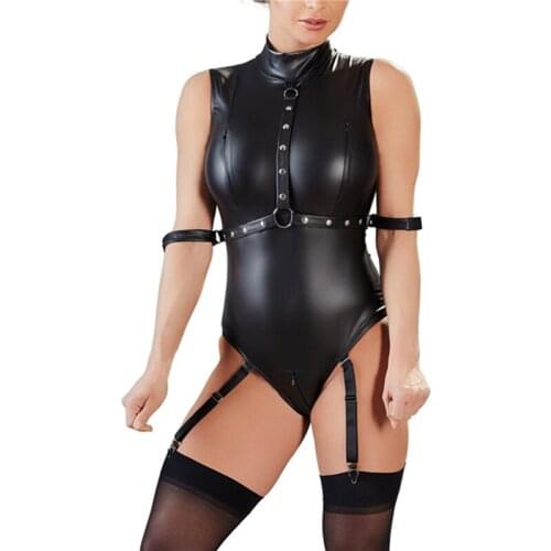 Women Oversized Clothes Black Matte Faux Leather One-piece Bodysuits Female Open Crotch Nightclub Stage Performance Costume