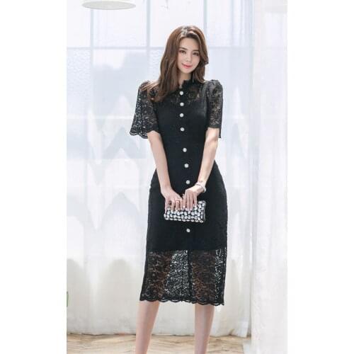 Fashion New Summer Elegant Korean Women Lace Dress Stand Collar Short Sleeve High Waist Slim Black Midi Dresses Femalel Vestido