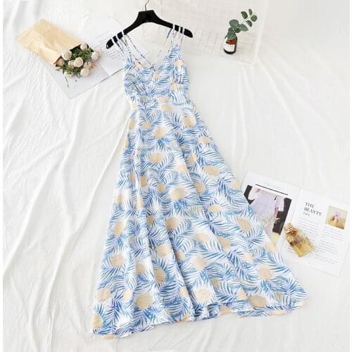 2020 summer new womens V-neck strap sleeveless floral printed chiffon A-line dress female elegant sling Fairy beach dresses