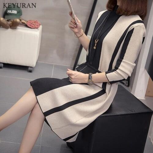 Oversize Loose Women Drawsting Long Sleeve Knitted Dress Autumn Winter Turtleneck Vertical Stripe A-Line Pullover Dresses L4343
